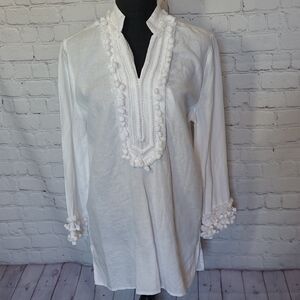 Chicos White Size 8/10 Lightweight Linen Blend Pom Pim Accent Beach Cover Tunic
